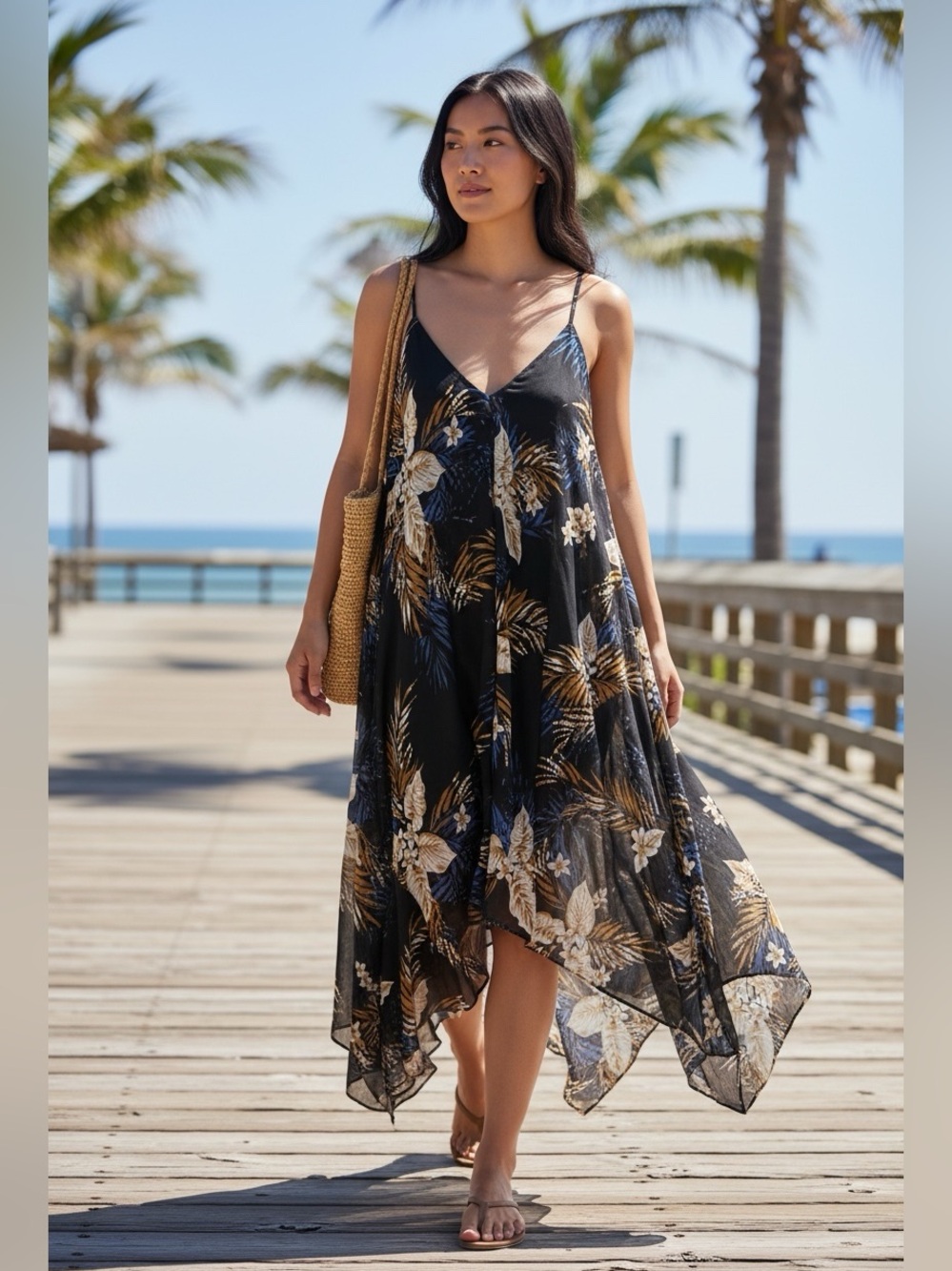Mlle Gabrielle Tropical Flowy Summer Midi Dress Womens Large Blue Sleeveless